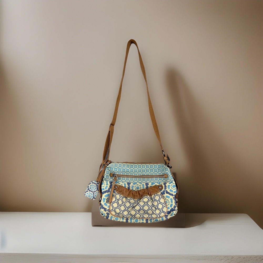 Fossil Y2K Canvas & Leather Crossbody Bag Mixed Geometric Patterns Blue Boho